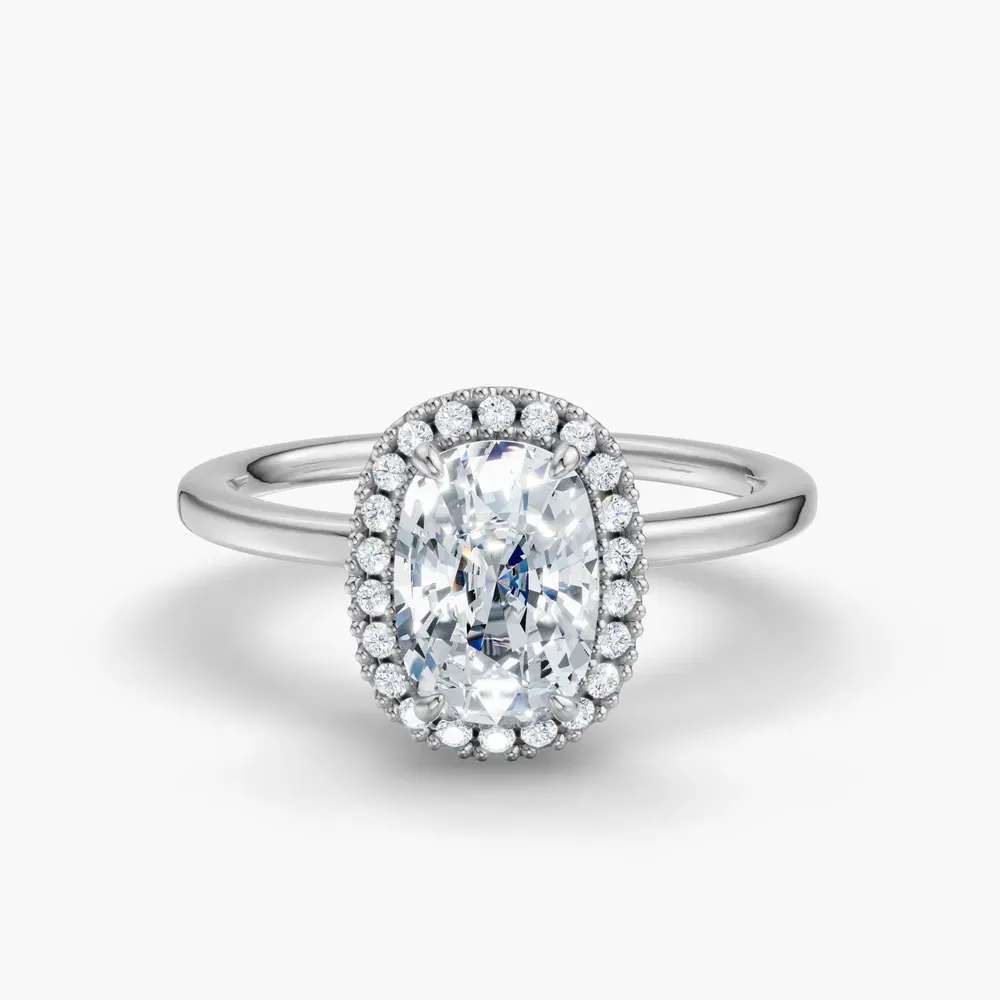 Certified 1 carat Lab Grown Diamond Elongated Cushion Cut Halo, Hidden Halo Engagement Ring in 14K White Gold-Elite Noctil