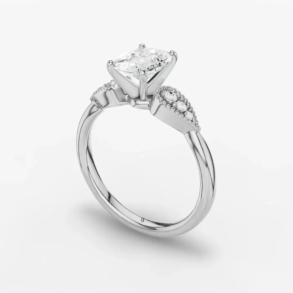 Certified 1 carat Lab Grown Diamond Elongated Cushion Cut Milgrain, Vintage, Side Stone Engagement Ring in 14K White Gold-Yerlin
