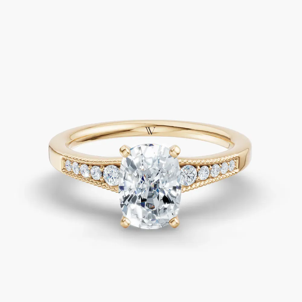Certified 1 carat Lab Grown Diamond Elongated Cushion Cut Milgrain, Pavé, Side Stone Engagement Ring in 14K Yellow Gold-Rosca