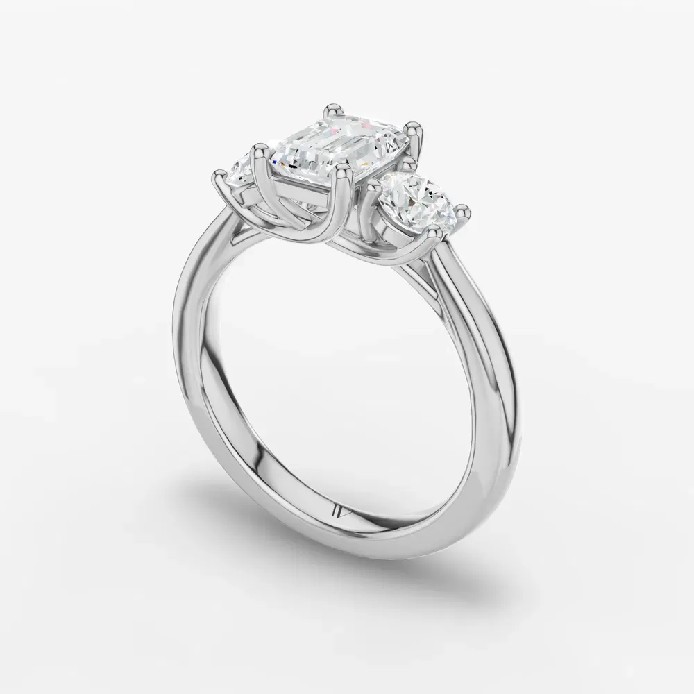 Certified 1 carat Lab Grown Diamond Emerald Cut Three Stone, Side Stone, Low profile Engagement Ring in 14K White Gold-Valeri
