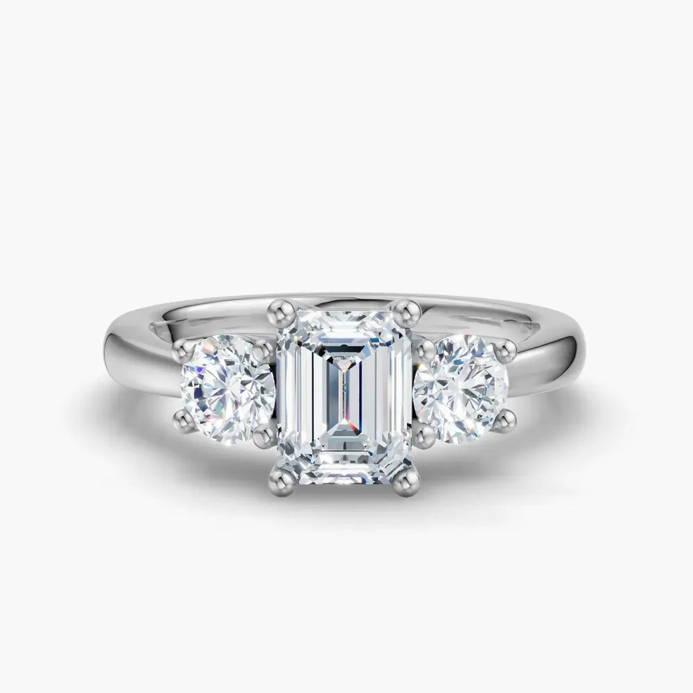 Certified 1 carat Lab Grown Diamond Emerald Cut Three Stone, Side Stone, Low profile Engagement Ring in 14K White Gold-Valeri