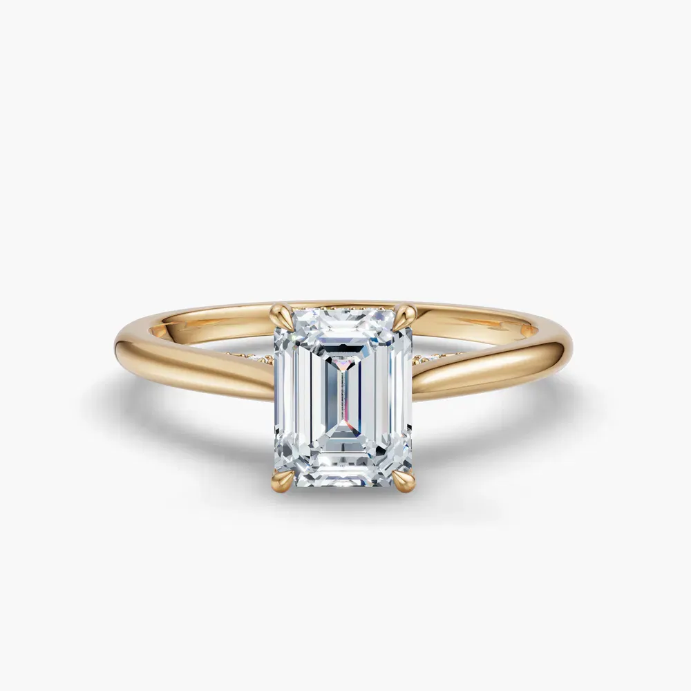 Certified 1 carat Lab Grown Diamond Emerald Cut Hidden Halo, Cathedral, Solitaire Engagement Ring in 14K Yellow Gold-Wrenq