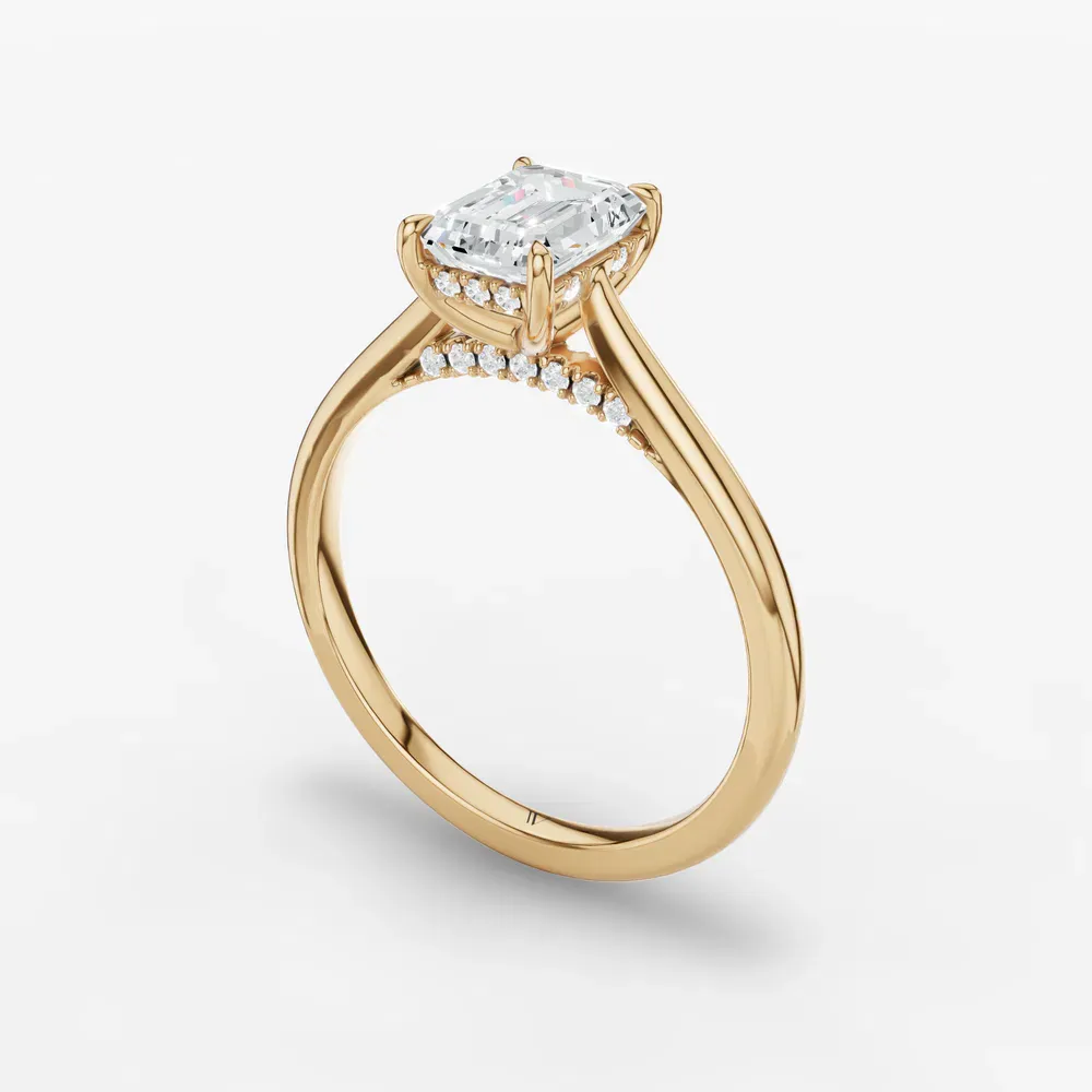Certified 1 carat Lab Grown Diamond Emerald Cut Hidden Halo, Cathedral, Solitaire Engagement Ring in 14K Yellow Gold-Wrenq