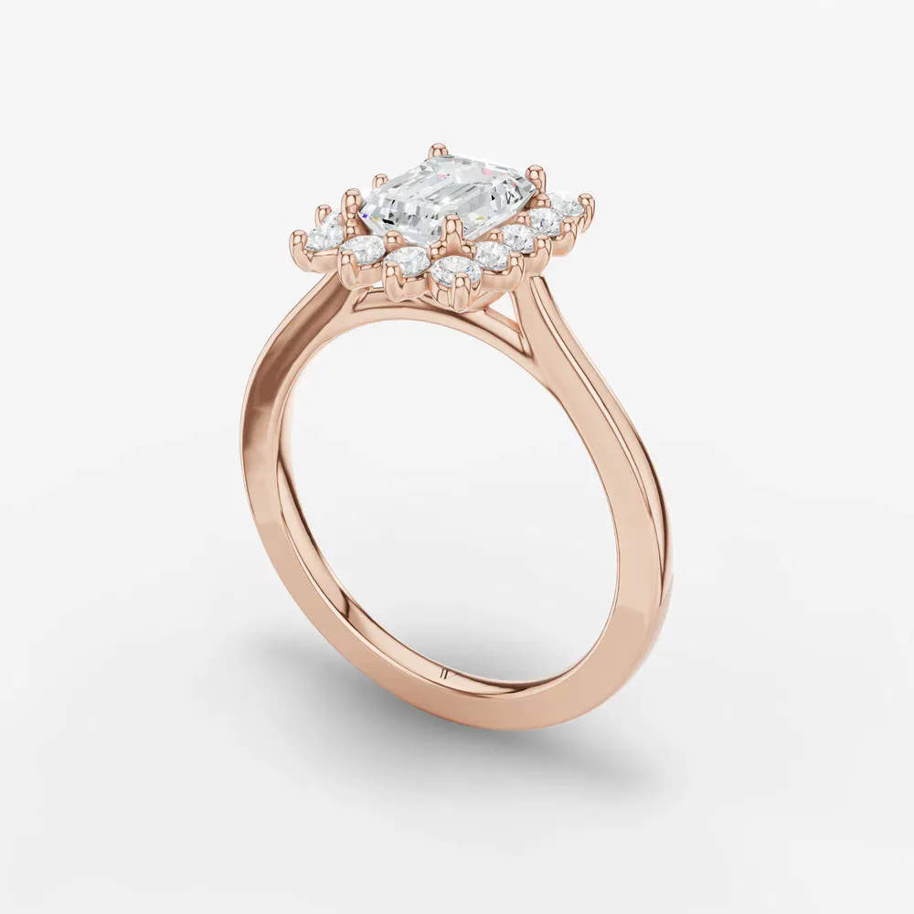 Certified 1 carat Lab Grown Diamond Emerald Cut Cathedral, Halo, Floral Engagement Ring in 14K Rose Gold-Juncb