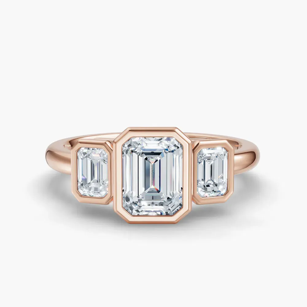 Certified 1 carat Lab Grown Diamond Emerald Cut Three Stone, Bezel, Low profile Engagement Ring in 14K Rose Gold-Elix