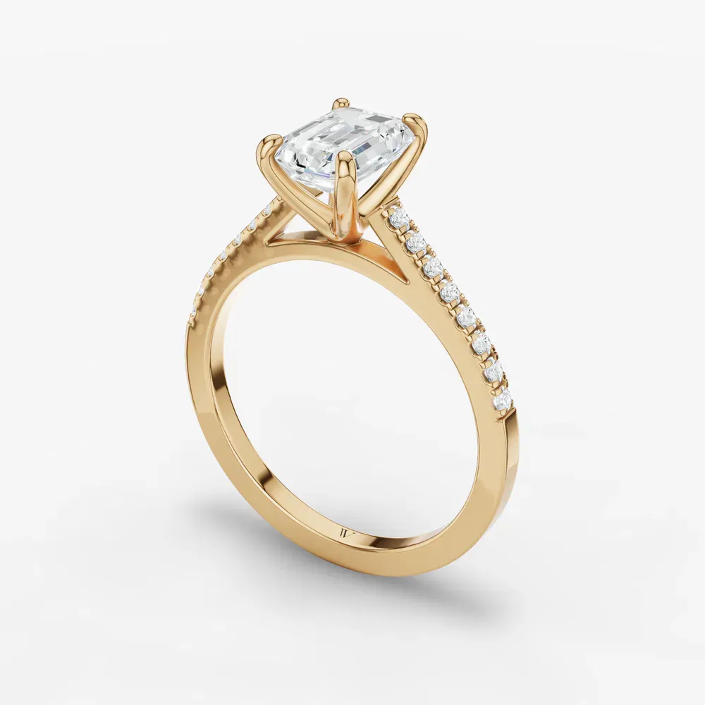Certified 1 carat Lab Grown Diamond Emerald Cut Pavé, Cathedral Engagement Ring in 14K Yellow Gold-Zirellun