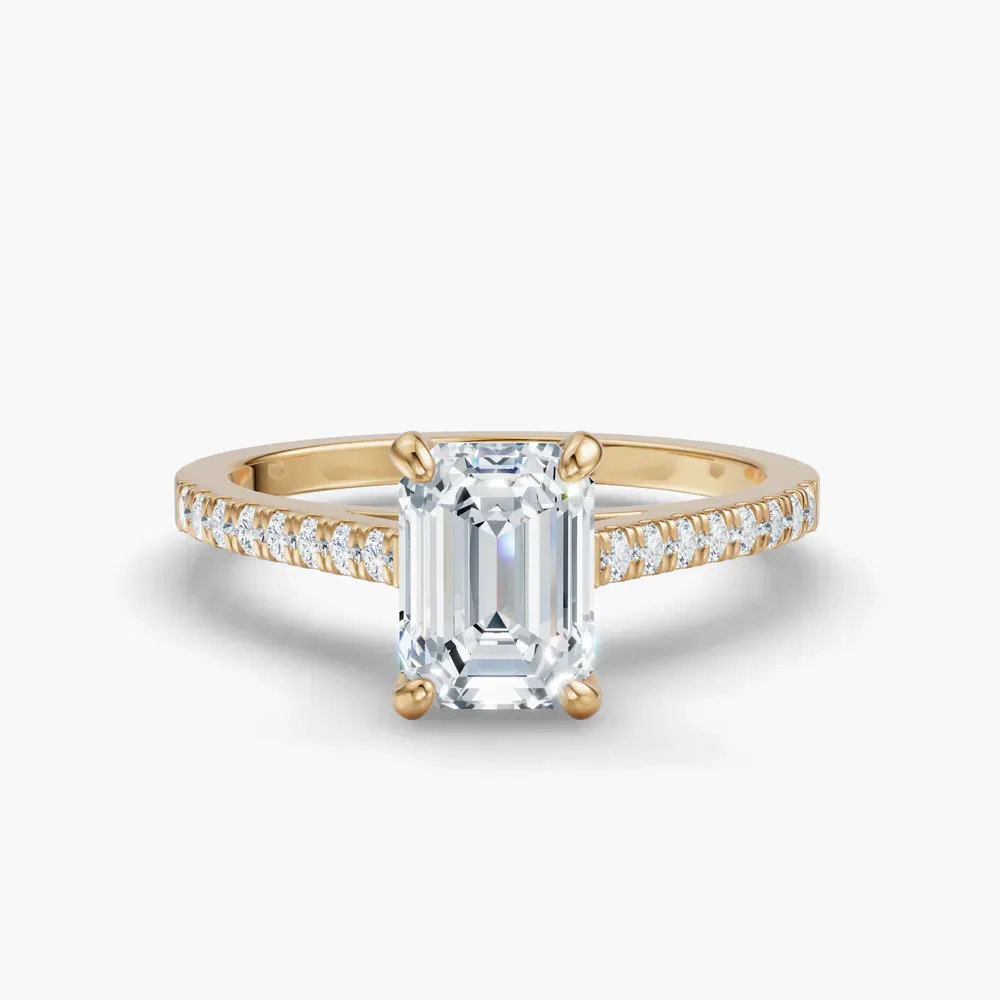 Certified 1 carat Lab Grown Diamond Emerald Cut Pavé, Cathedral Engagement Ring in 14K Yellow Gold-Zirellun