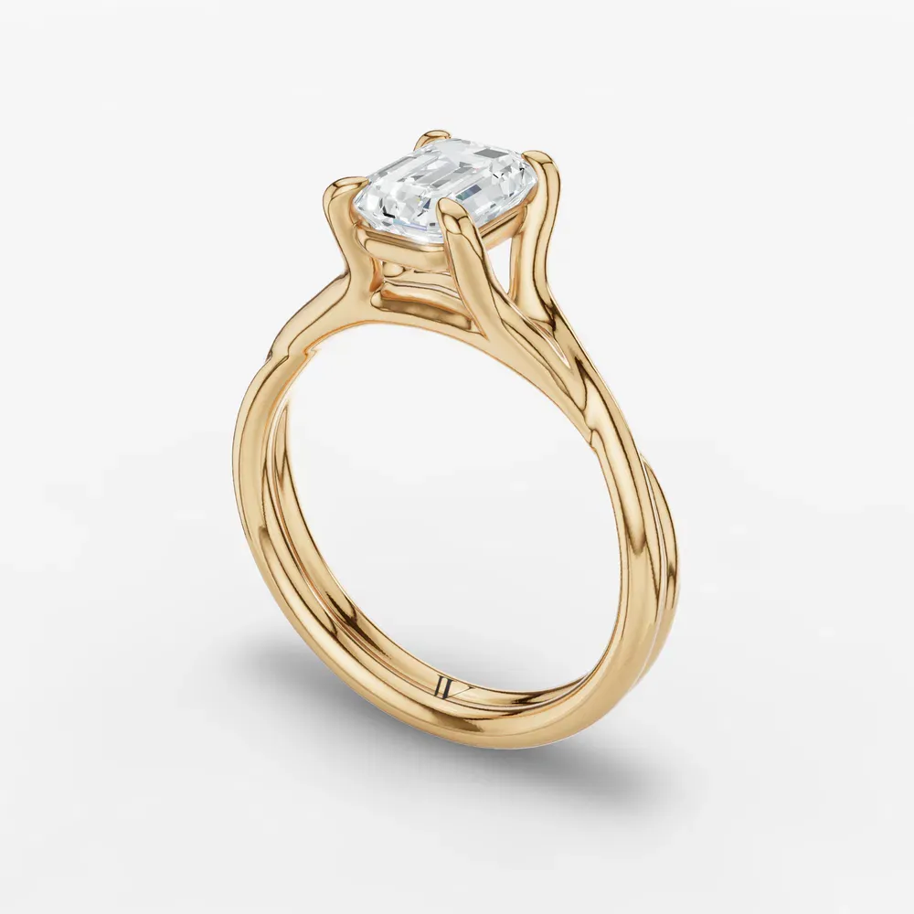 Certified 1 carat Lab Grown Diamond Emerald Cut Solitaire, Twist, Split Shank Engagement Ring in 14K Yellow Gold-Iridell