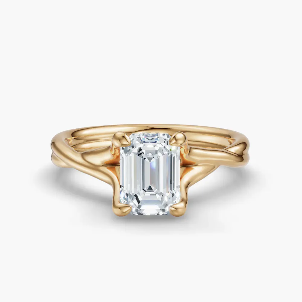 Certified 1 carat Lab Grown Diamond Emerald Cut Solitaire, Twist, Split Shank Engagement Ring in 14K Yellow Gold-Iridell