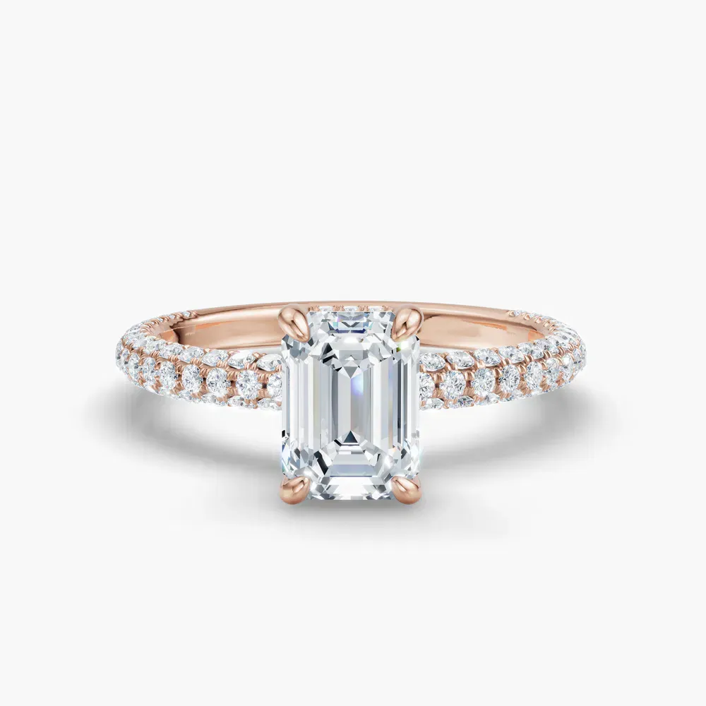 Certified 1 carat Lab Grown Diamond Emerald Cut Pavé, Hidden Halo Engagement Ring in 14K Rose Gold-Palith