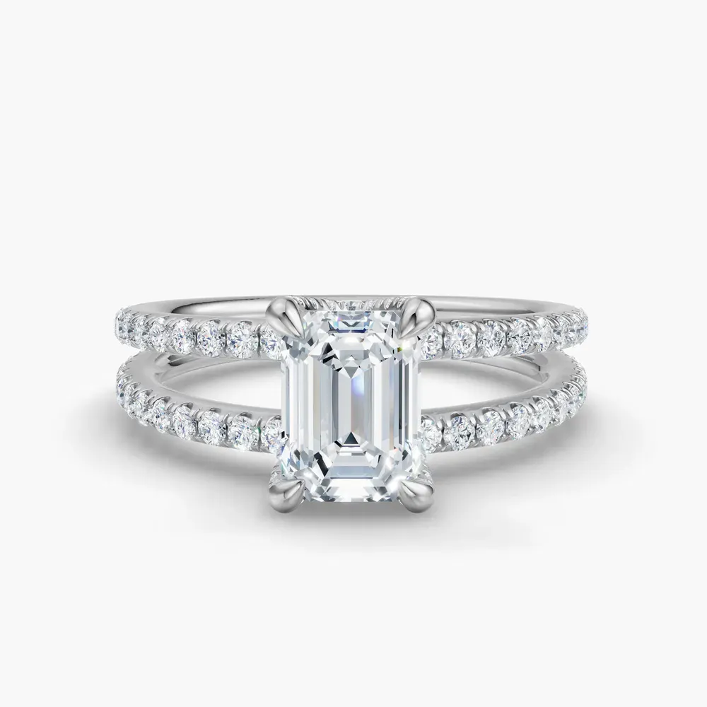 Certified 1 carat Lab Grown Diamond Emerald Cut Pavé, Split Shank, Hidden Halo Engagement Ring in 14K White Gold-Soren
