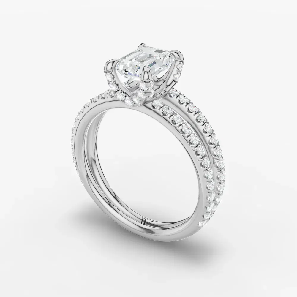 Certified 1 carat Lab Grown Diamond Emerald Cut Pavé, Split Shank, Hidden Halo Engagement Ring in 14K White Gold-Soren