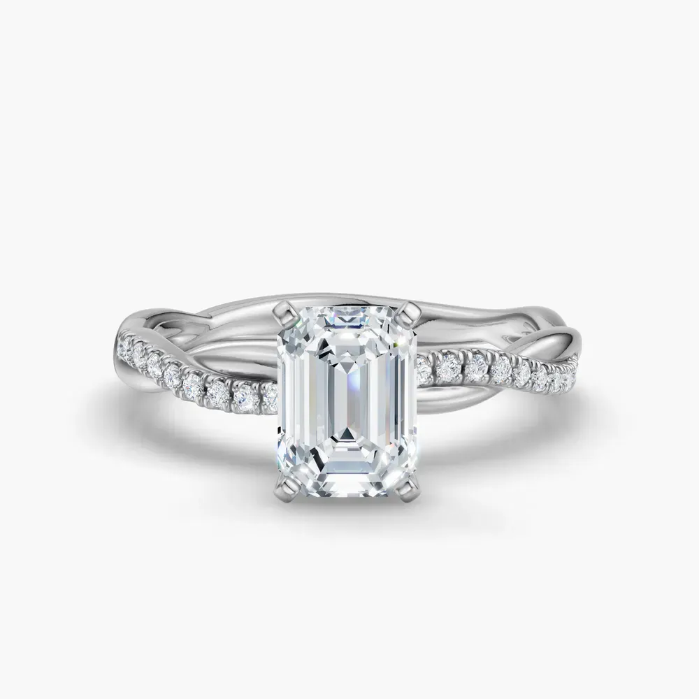 Certified 1 carat Lab Grown Diamond Emerald Cut Pavé, Twist, Infinity Engagement Ring in 14K White Gold-Obliq