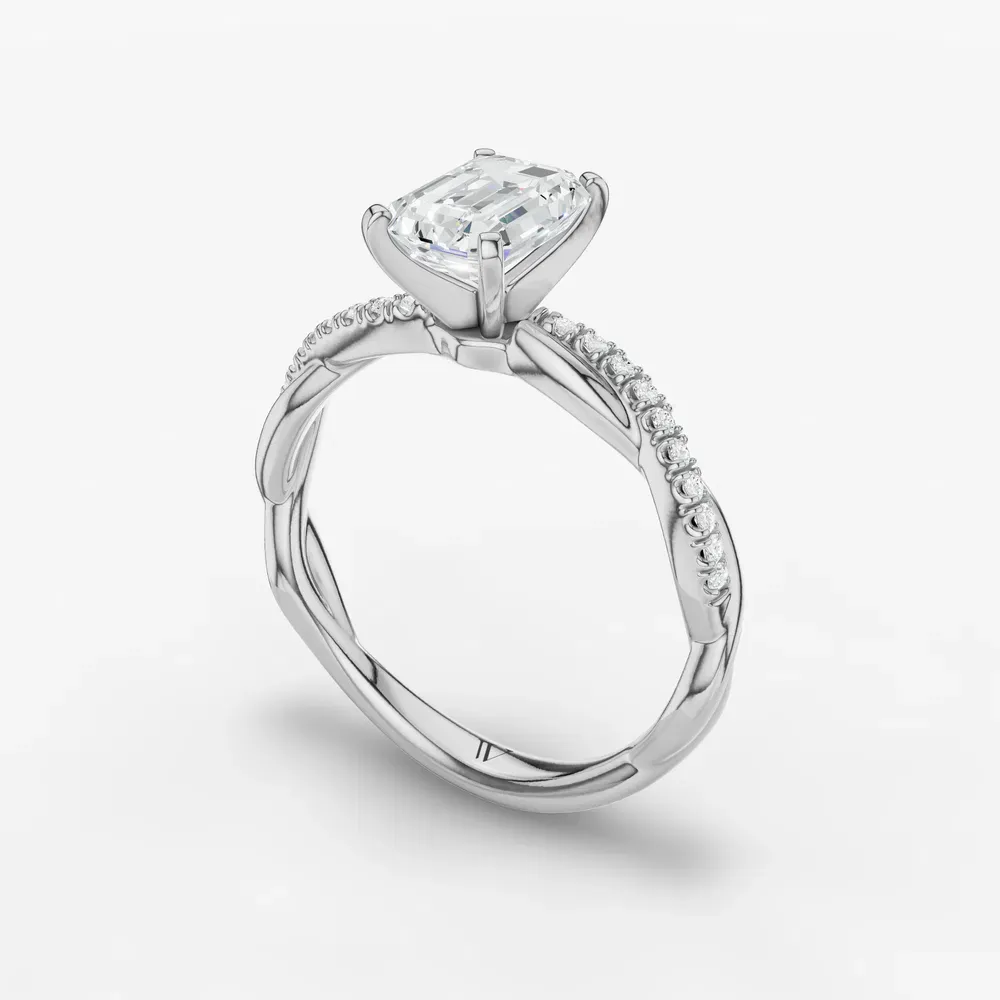 Certified 1 carat Lab Grown Diamond Emerald Cut Pavé, Twist, Infinity Engagement Ring in 14K White Gold-Obliq