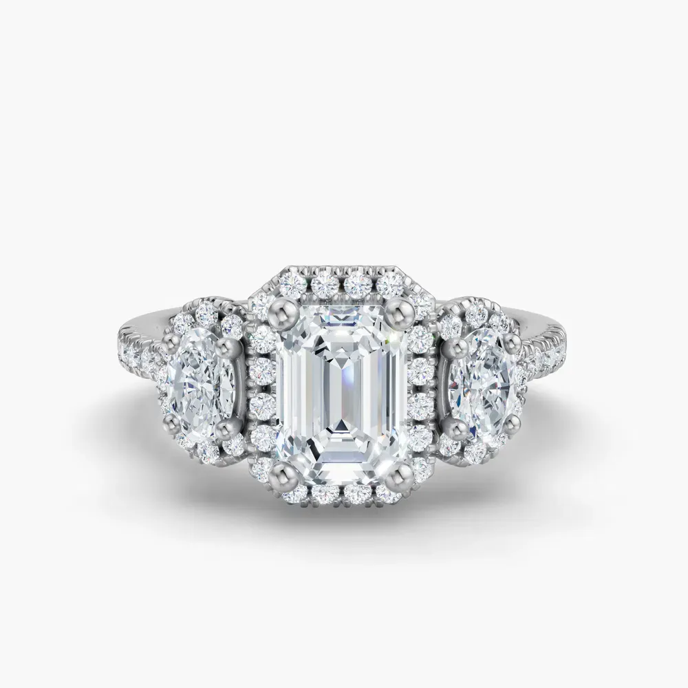 Certified 1 carat Lab Grown Diamond Emerald Cut Pavé, Three Stone, Halo Engagement Ring in 14K White Gold-Norell