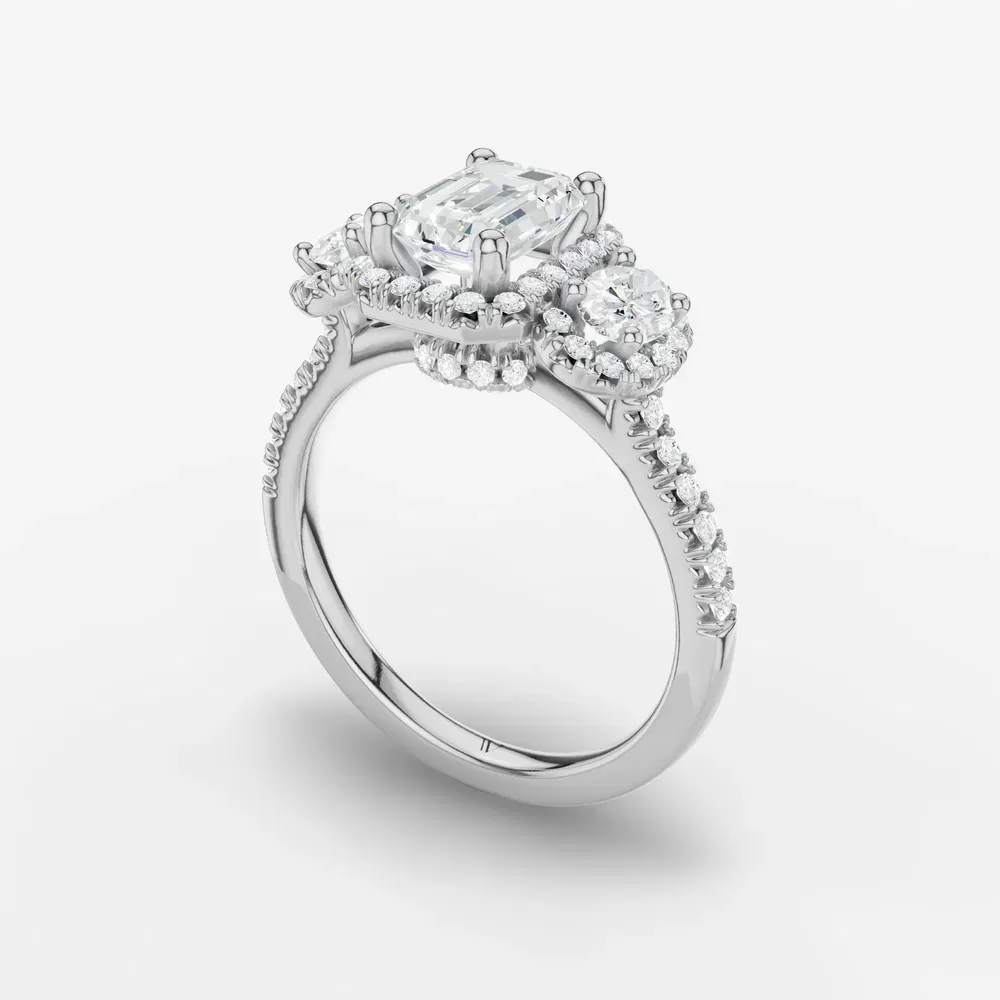 Certified 1 carat Lab Grown Diamond Emerald Cut Pavé, Three Stone, Halo Engagement Ring in 14K White Gold-Norell