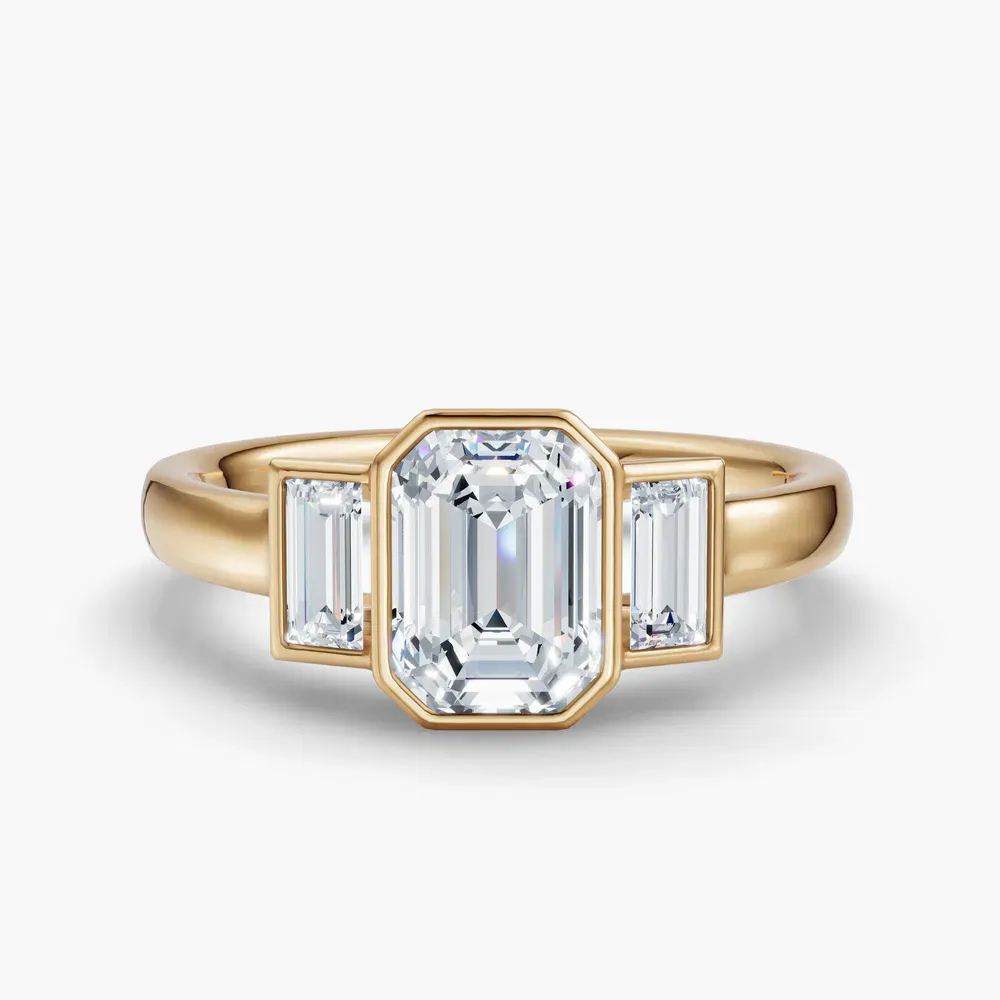 Certified 1 carat Lab Grown Diamond Emerald Cut Three Stone, Bezel, Baguette Engagement Ring in 14K Yellow Gold-Kine