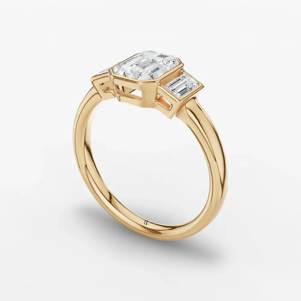 Certified 1 carat Lab Grown Diamond Emerald Cut Three Stone, Bezel, Baguette Engagement Ring in 14K Yellow Gold-Kine