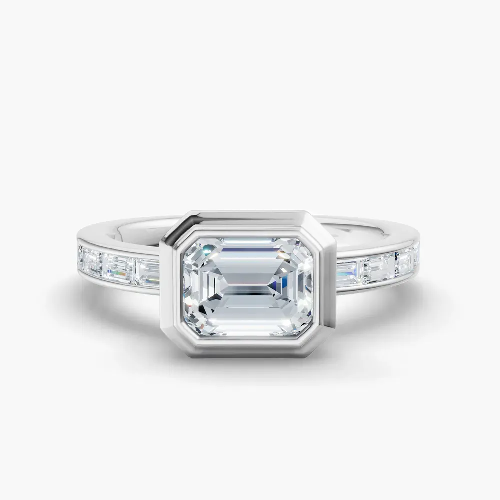Certified 1 carat Lab Grown Diamond Emerald Cut Bezel, Channel Set, Art Deco Engagement Ring in 14K White Gold-Celeste