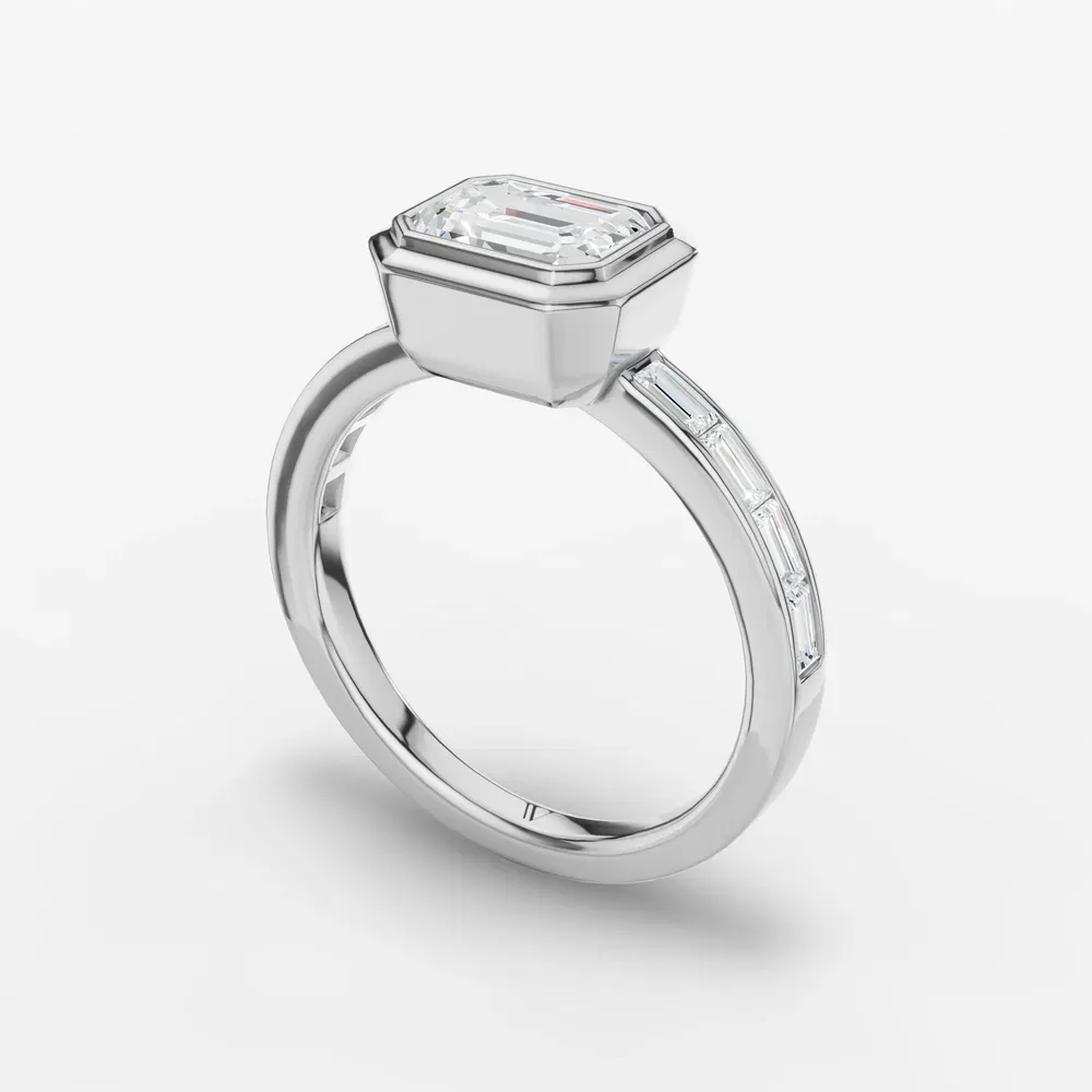 Certified 1 carat Lab Grown Diamond Emerald Cut Bezel, Channel Set, Art Deco Engagement Ring in 14K White Gold-Celeste