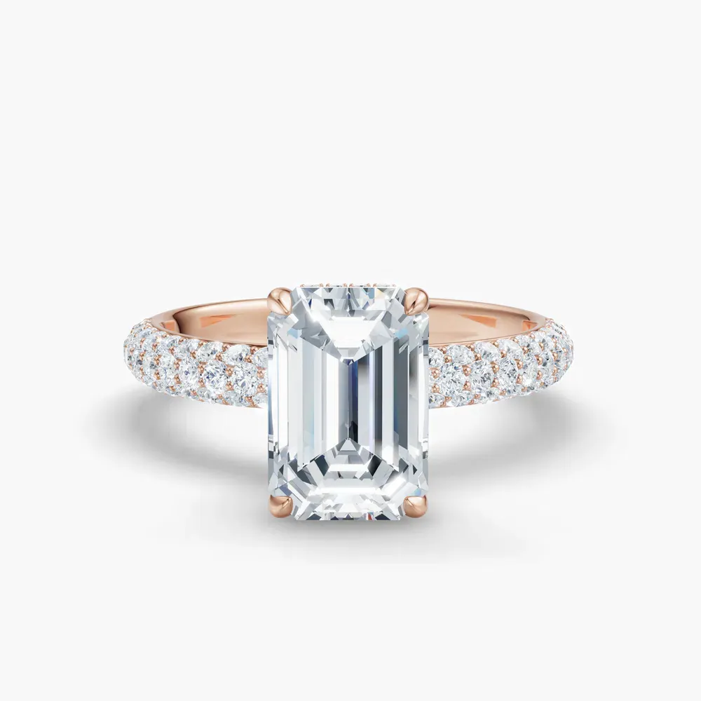 Certified 1 carat Lab Grown Diamond Emerald Cut Pavé, Hidden Halo Engagement Ring in 14K Rose Gold-Lyre