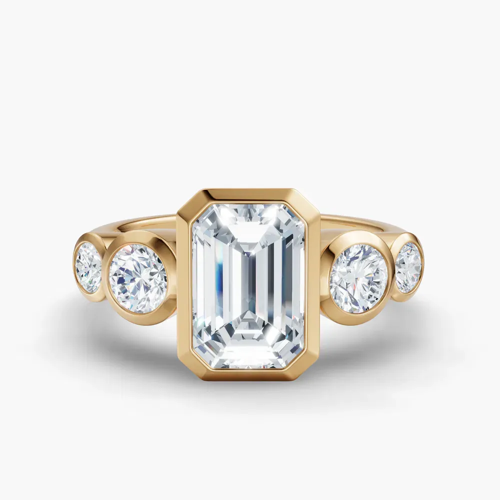 Certified 1 carat Lab Grown Diamond Emerald Cut Five Stone, Milgrain, Bezel Engagement Ring in 14K Yellow Gold-Sole
