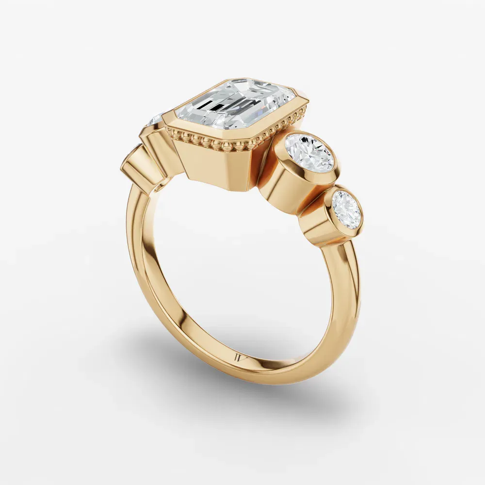 Certified 1 carat Lab Grown Diamond Emerald Cut Five Stone, Milgrain, Bezel Engagement Ring in 14K Yellow Gold-Sole