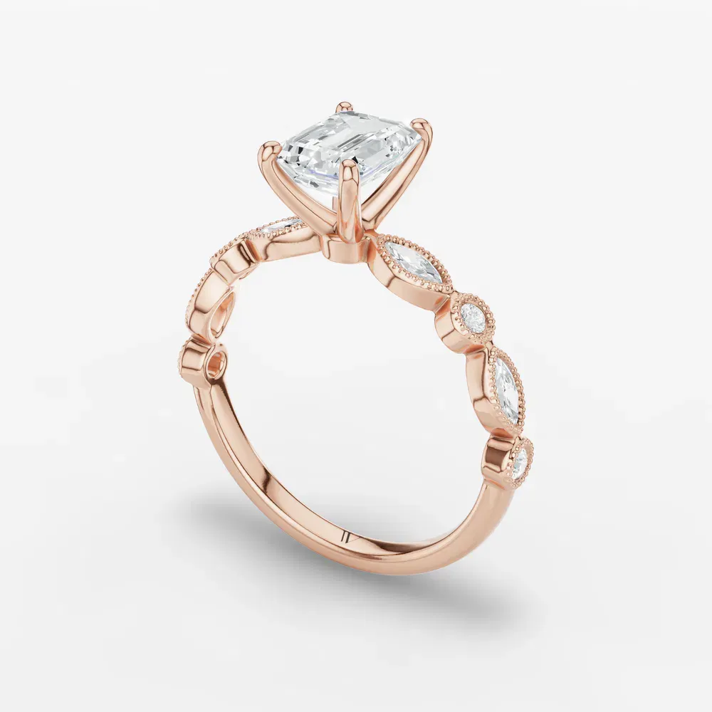 Certified 1 carat Lab Grown Diamond Emerald Cut Vintage, Milgrain, Side Stone Engagement Ring in 14K Rose Gold-Sior