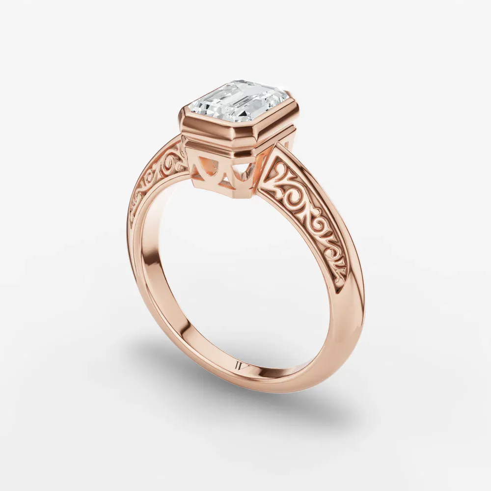 Certified 1 carat Lab Grown Diamond Emerald Cut Solitaire, Vintage, Bezel Engagement Ring in 14K Rose Gold-Veyra