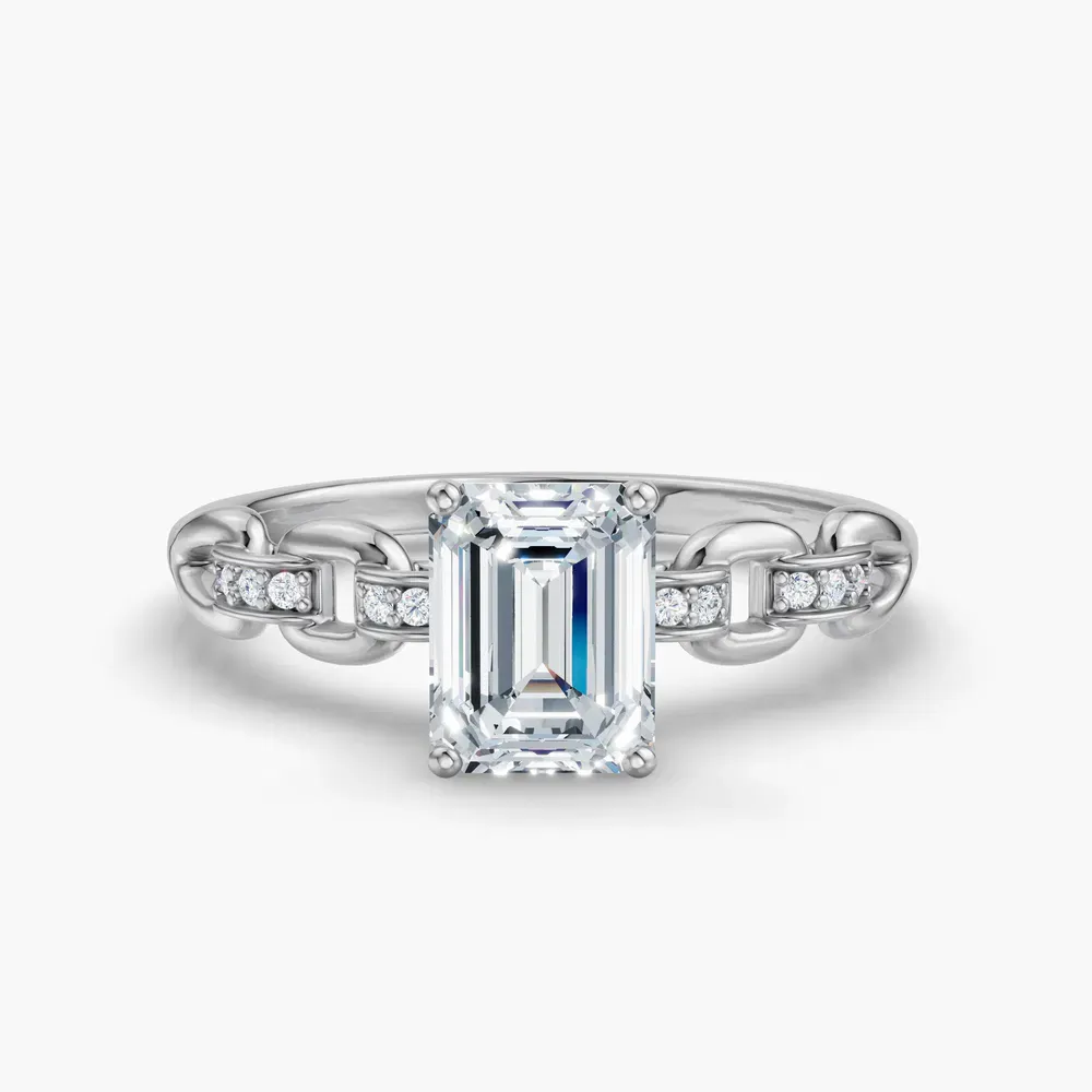 Certified 1 carat Lab Grown Diamond Emerald Cut Twist, Unique, Side Stone Engagement Ring in 14K White Gold-Perenne