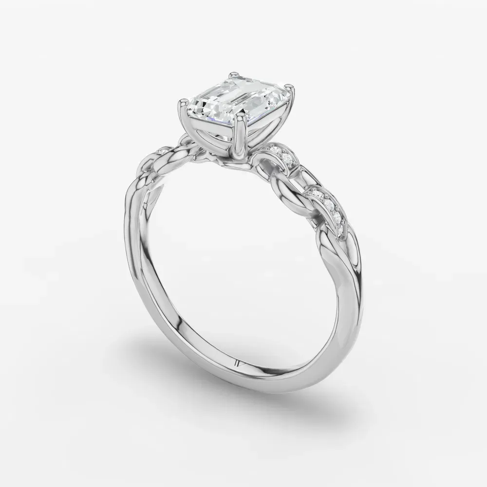 Certified 1 carat Lab Grown Diamond Emerald Cut Twist, Unique, Side Stone Engagement Ring in 14K White Gold-Perenne