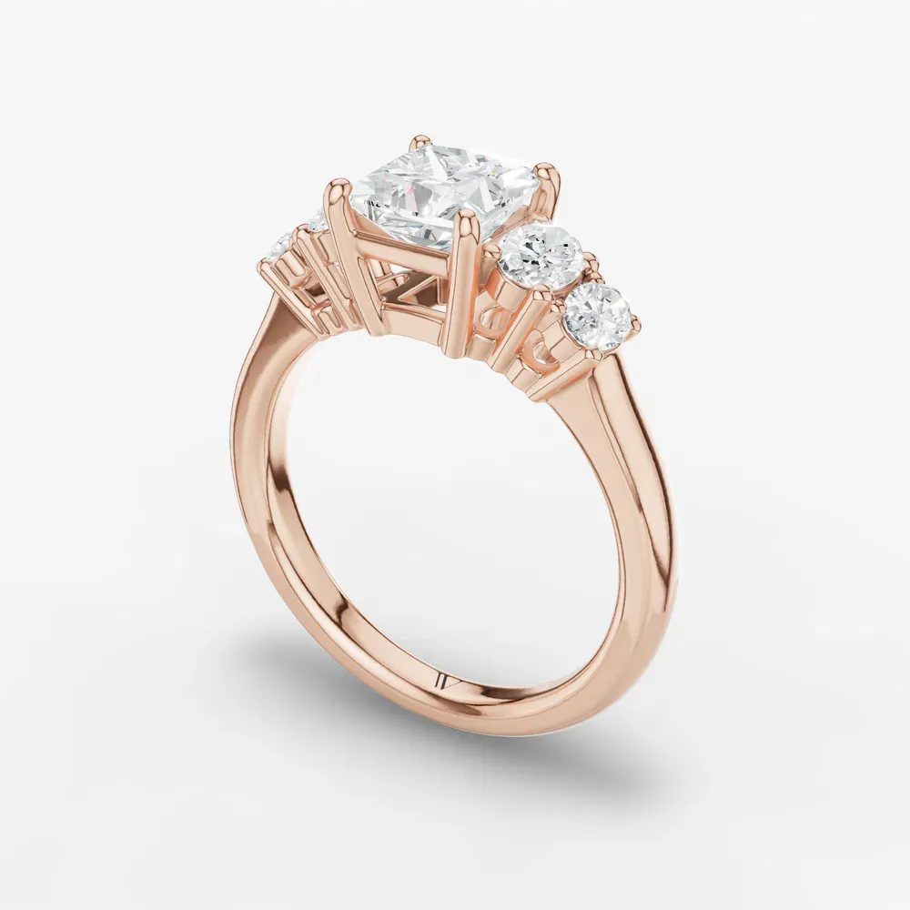 Certified 1 carat Lab Grown Diamond Princess Cut Five Stone, Side Stone Engagement Ring in 14K Rose Gold-Elyx