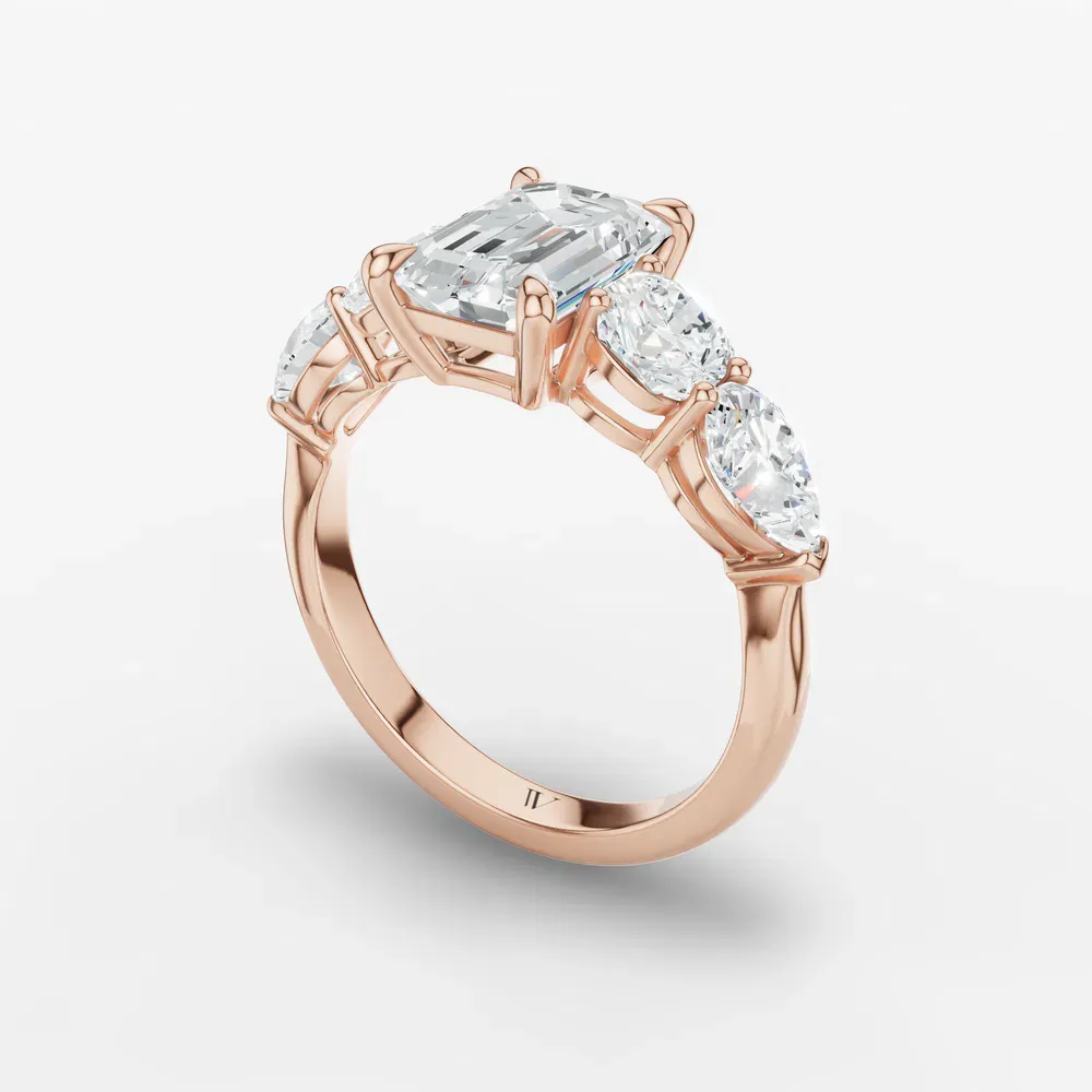 Certified 1 carat Lab Grown Diamond Emerald Cut Five Stone, Side Stone Engagement Ring in 14K Rose Gold-Riva