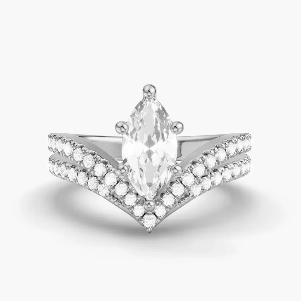 Certified 1 carat Lab Grown Diamond Marquise Cut Pavé, Unique, Floating Engagement Ring in 14K White Gold-Soli