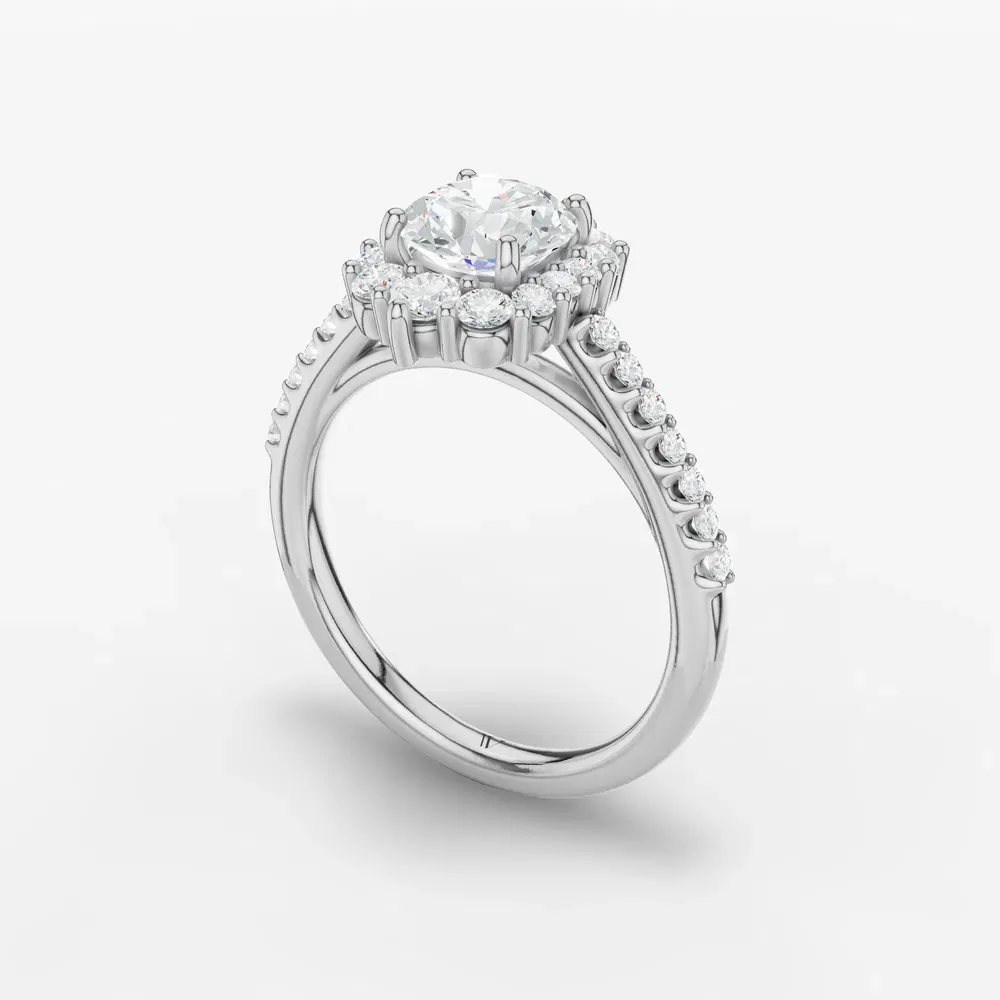 Certified 1 carat Lab Grown Diamond Round Cut Pavé, Halo, Cathedral Engagement Ring in 14K White Gold-Mirey