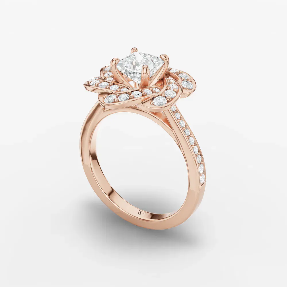 Certified 1 carat Lab Grown Diamond Princess Cut Floral, Nature inspired, Cathedral Engagement Ring in 14K Rose Gold-Vorina