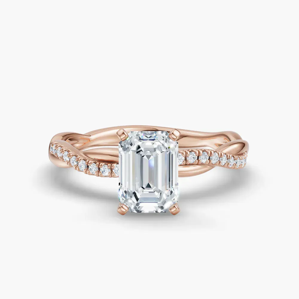 Certified 1 carat Lab Grown Diamond Emerald Cut Pavé, Twist, Infinity Engagement Ring in 14K Rose Gold-Obliq