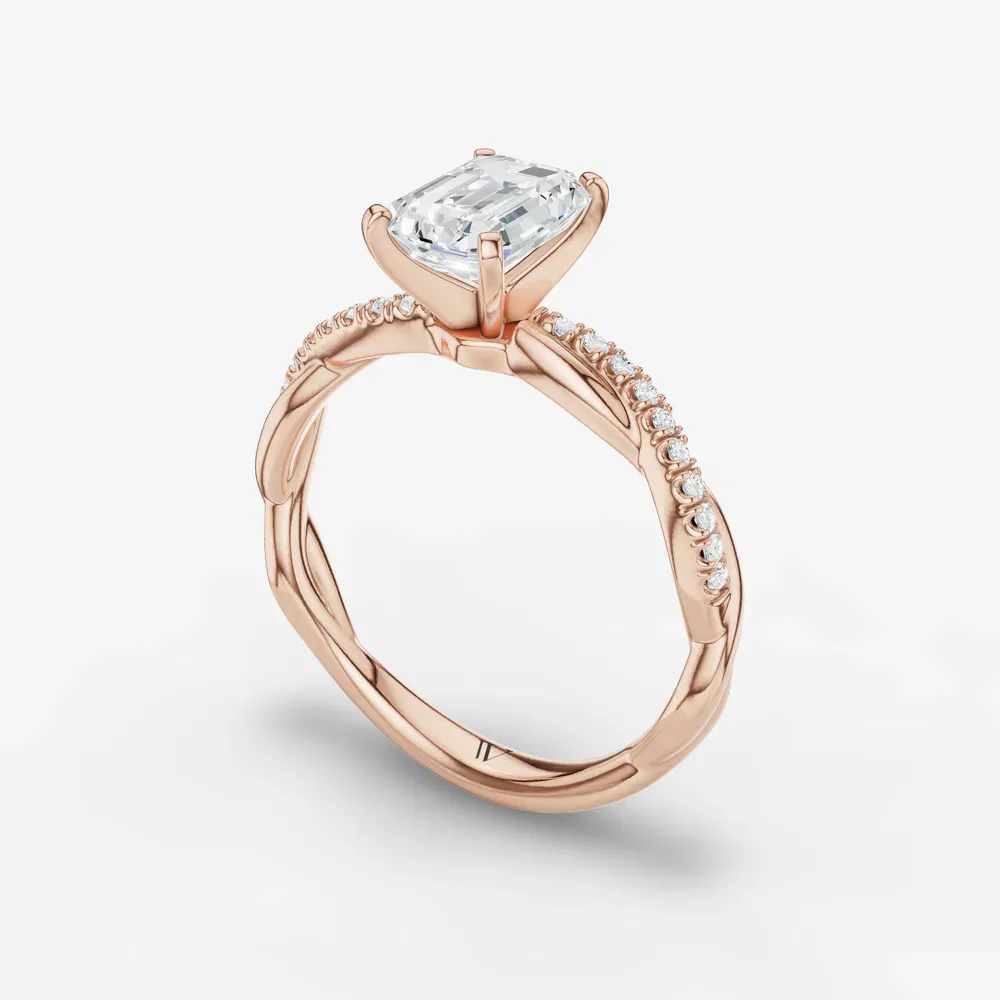 Certified 1 carat Lab Grown Diamond Emerald Cut Pavé, Twist, Infinity Engagement Ring in 14K Rose Gold-Obliq