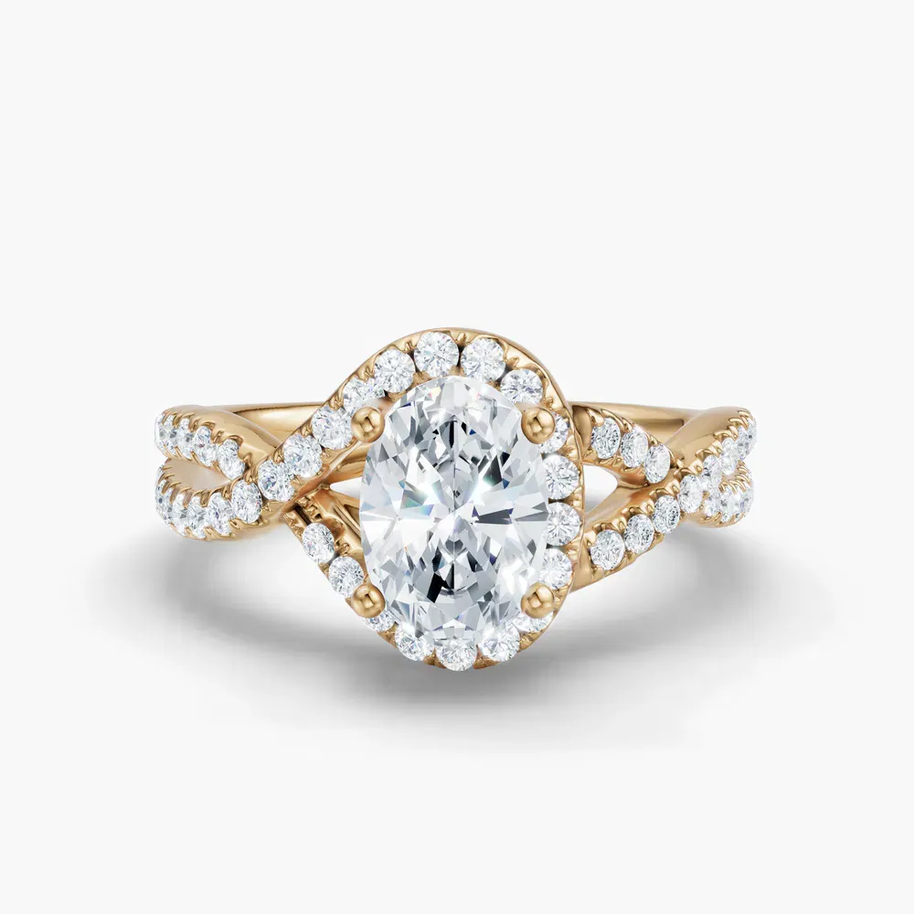 Certified 1 carat Lab Grown Diamond Oval Cut Unique, Pavé, Halo Engagement Ring in 14K Yellow Gold-Stellune