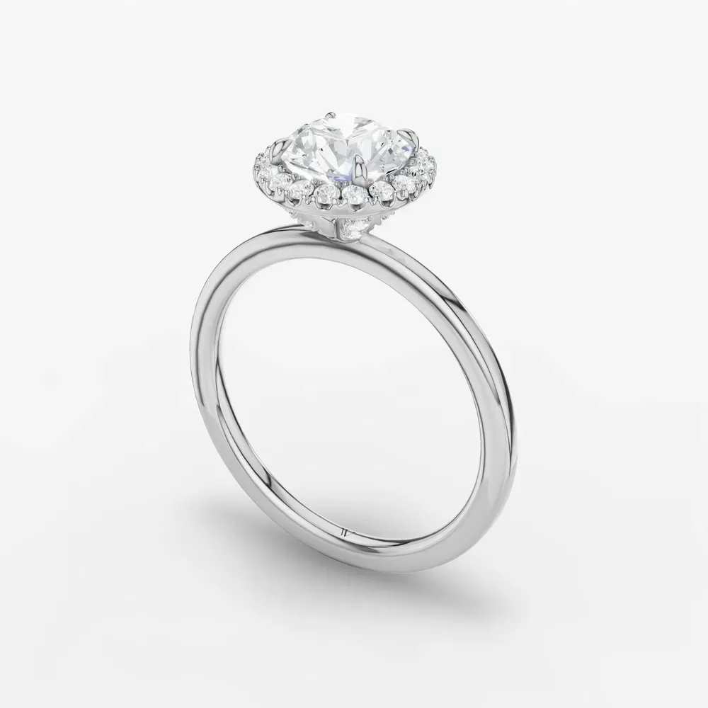 Certified 1 carat Lab Grown Diamond Round Cut Halo, Hidden Halo, Four Prong Engagement Ring in 14K White Gold-Elite Noctil