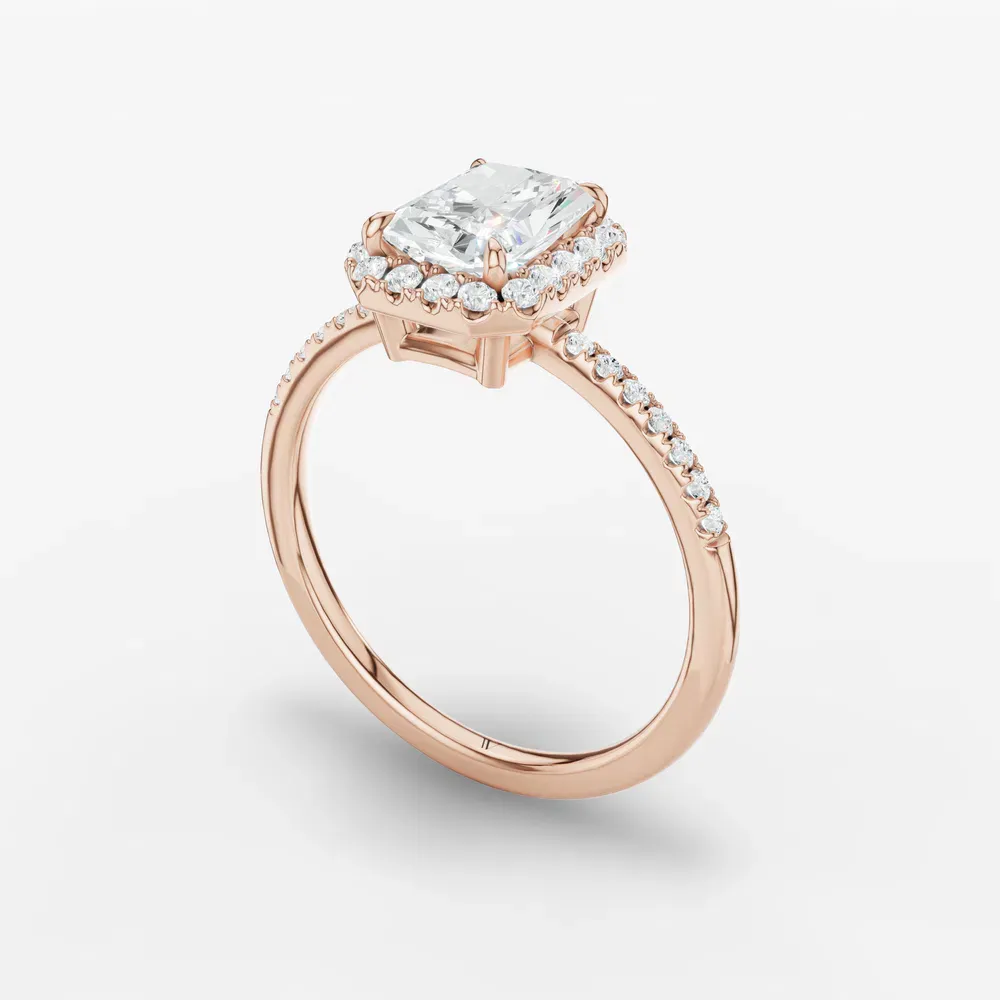 Certified 1 carat Lab Grown Diamond Radiant Cut Halo, Pavé, Classic Engagement Ring in 18K Rose Gold-Elite Vaelumette