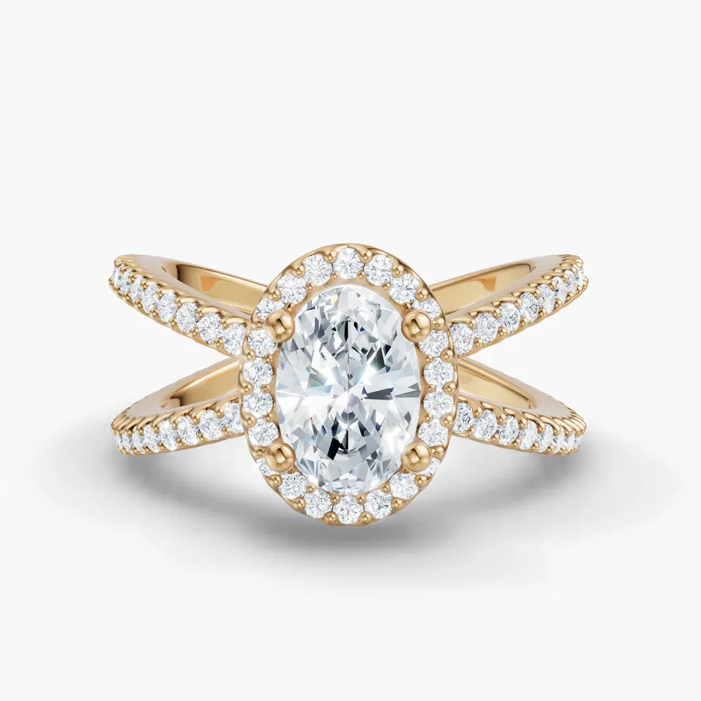 Certified 1 carat Lab Grown Diamond Oval Cut Pavé, Halo, Split Shank Engagement Ring in 18K Yellow Gold-Xylius