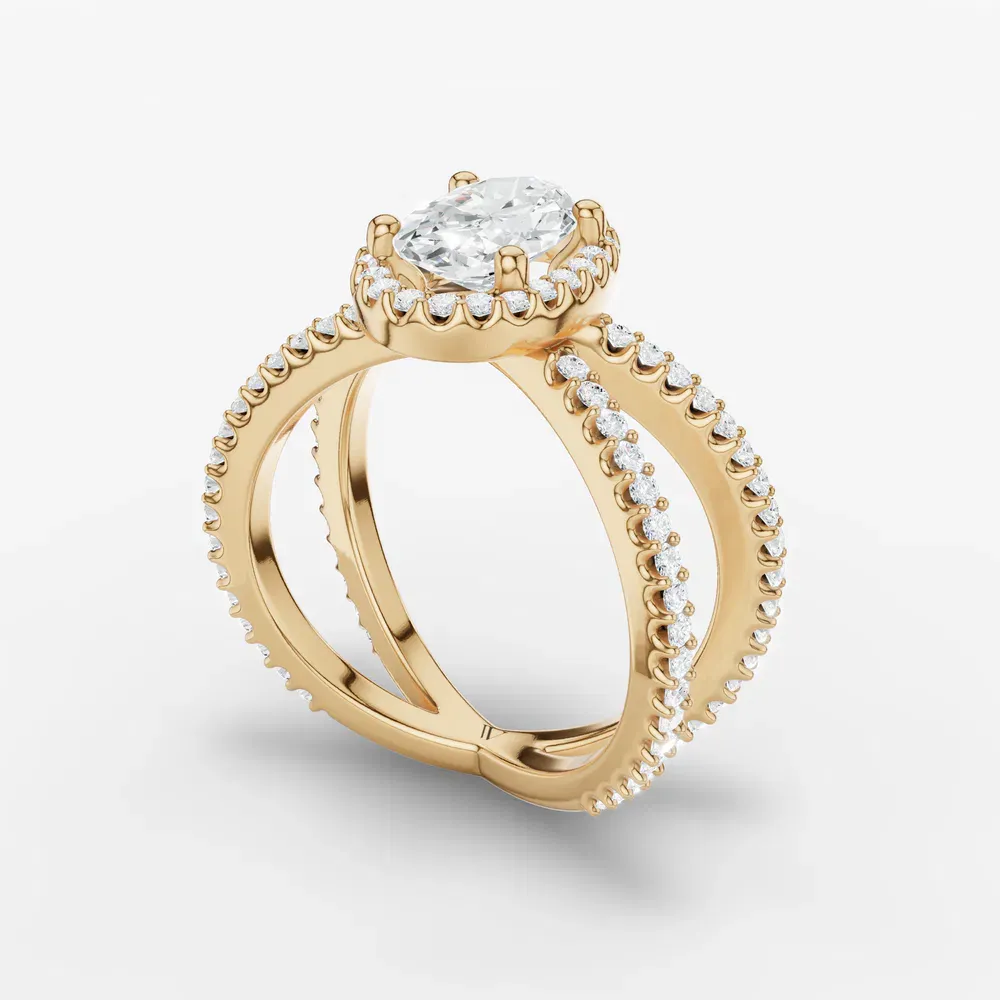 Certified 1 carat Lab Grown Diamond Oval Cut Pavé, Halo, Split Shank Engagement Ring in 18K Yellow Gold-Xylius