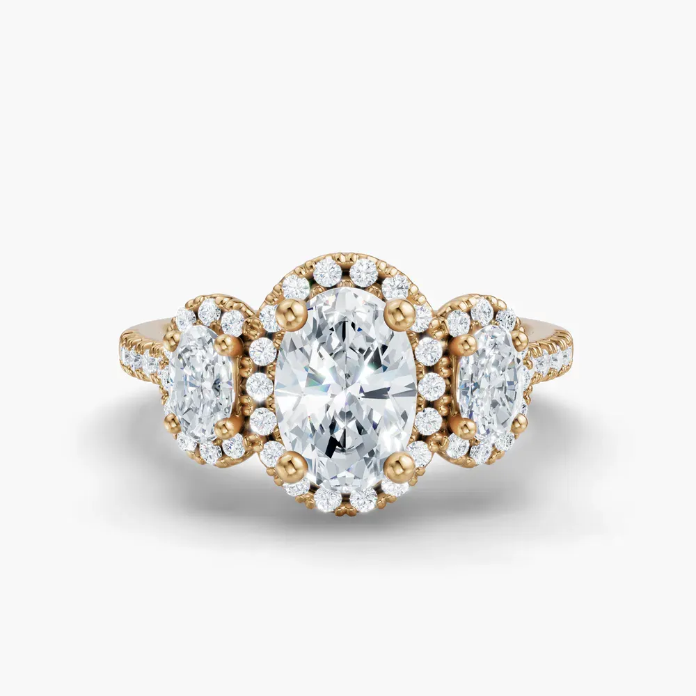 Certified 1 carat Lab Grown Diamond Oval Cut Pavé, Three Stone, Halo Engagement Ring in 14K Yellow Gold-Norell