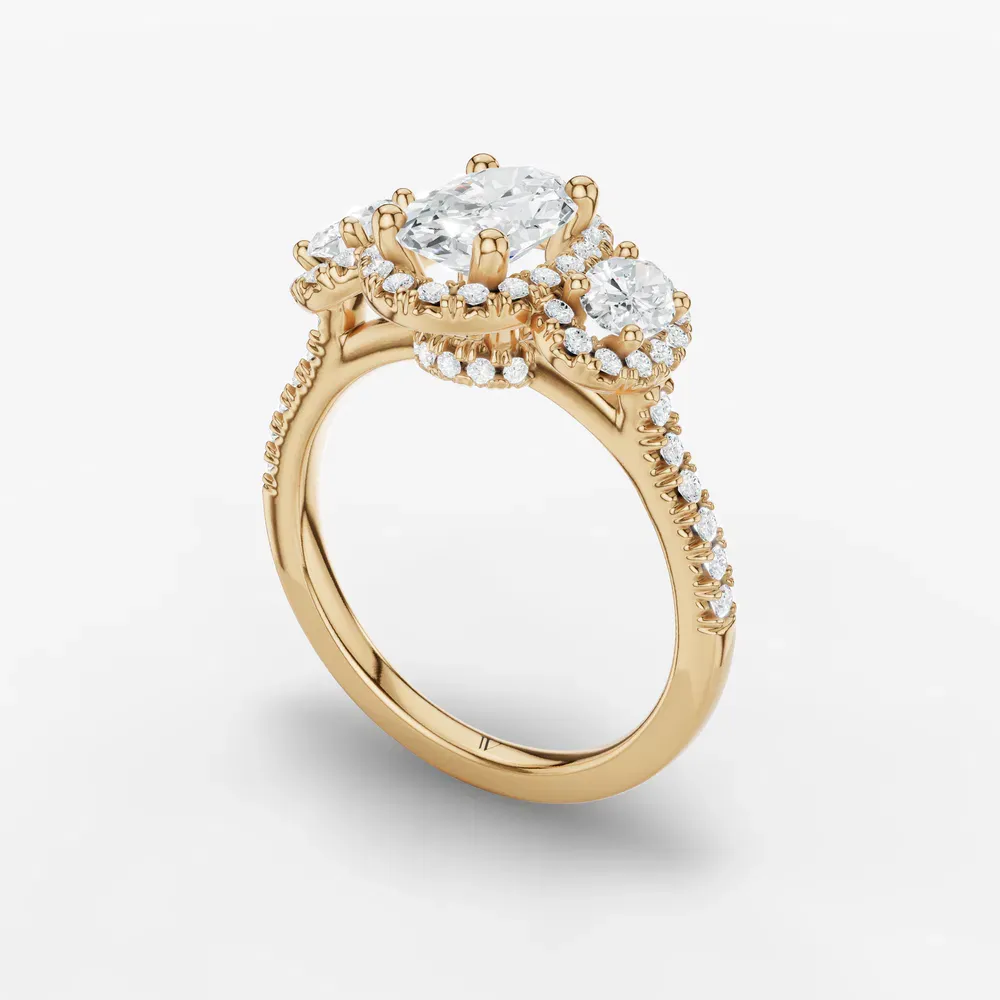 Certified 1 carat Lab Grown Diamond Oval Cut Pavé, Three Stone, Halo Engagement Ring in 14K Yellow Gold-Norell