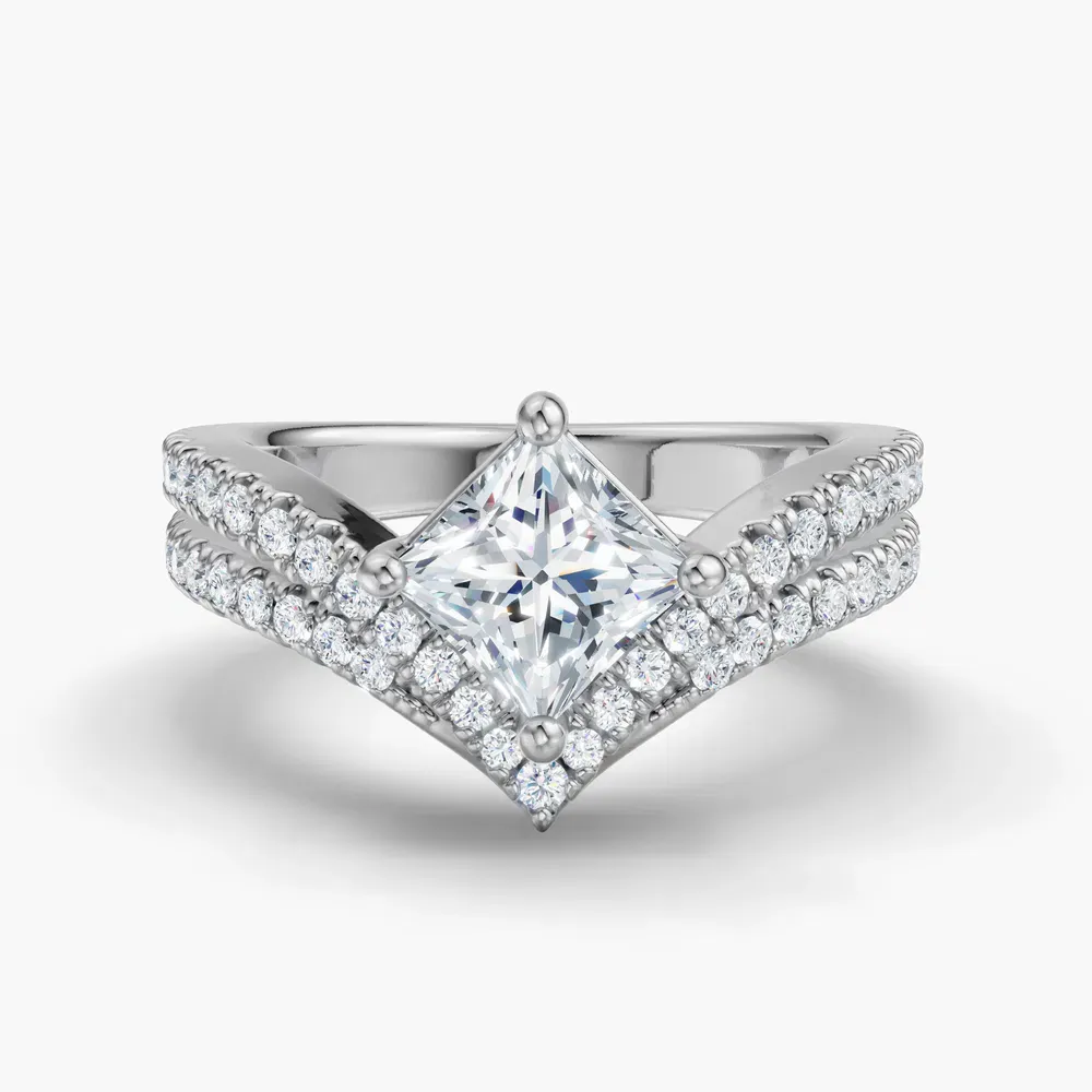 Certified 1 carat Lab Grown Diamond Princess Cut Pavé, Unique, Floating Engagement Ring in 18K White Gold-Soli