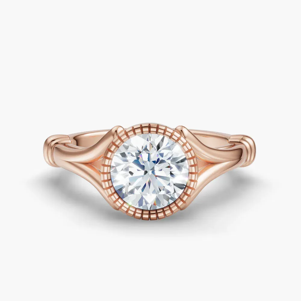 Certified 1 carat Lab Grown Diamond Round Cut Solitaire, Split Shank, Bezel Engagement Ring in 18K Rose Gold-Nerea
