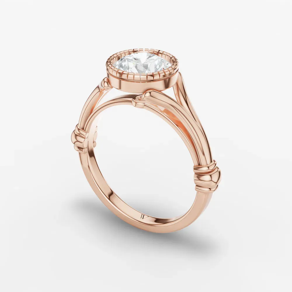 Certified 1 carat Lab Grown Diamond Round Cut Solitaire, Split Shank, Bezel Engagement Ring in 18K Rose Gold-Nerea
