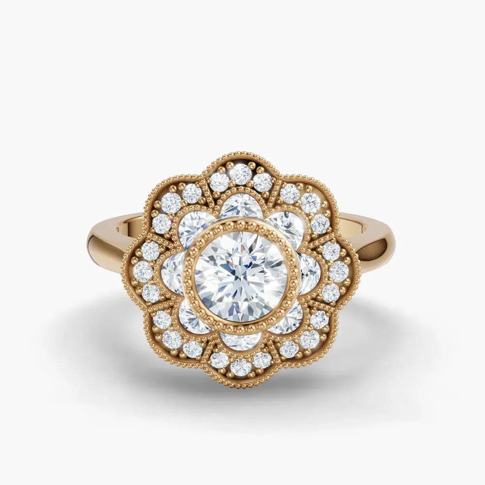 Certified 0.5 carat Lab Grown Diamond Round Cut Floral, Art Deco, Milgrain Engagement Ring in 18K Yellow Gold-Novaen