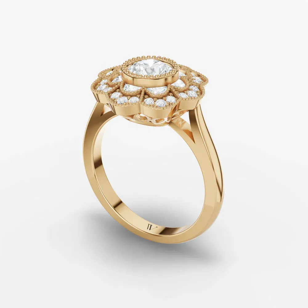 Certified 0.5 carat Lab Grown Diamond Round Cut Floral, Art Deco, Milgrain Engagement Ring in 18K Yellow Gold-Novaen